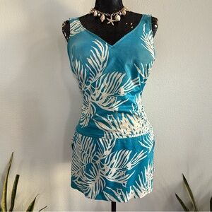 Perfection Fit by Roxanne Teal & White Tropical Print Tank One Piece Mini Dress
